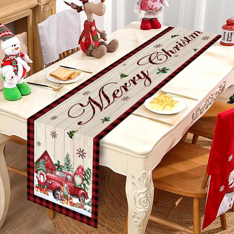 Kerst Tafelloper Polyester Linnen Stijl Gnoom Rode Vrachtwagen Buffalo Plaid Houtnerf Voor Vakantie Feest Diner Decoratie