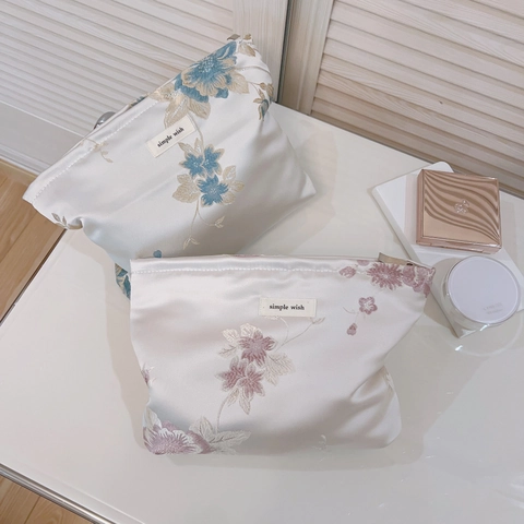 Trousse À Maquillage Broderie Florale Satin Jacquard Pochette Vintage Style Chinois Rangement Cosmétique Pour Femmes Élégante