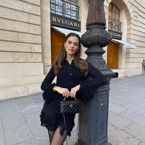 Chaqueta Y Falda De Punto Para Mujer Negro Manga Larga Malla Calada Flecos Elegante Moda Ropa De Punto Informal