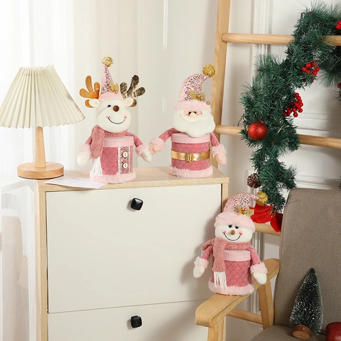 Pink Christmas Candy Jar Plush Sequin Gift Storage Container For Tabletop Festive Decoration Santa Snowman Reindeer