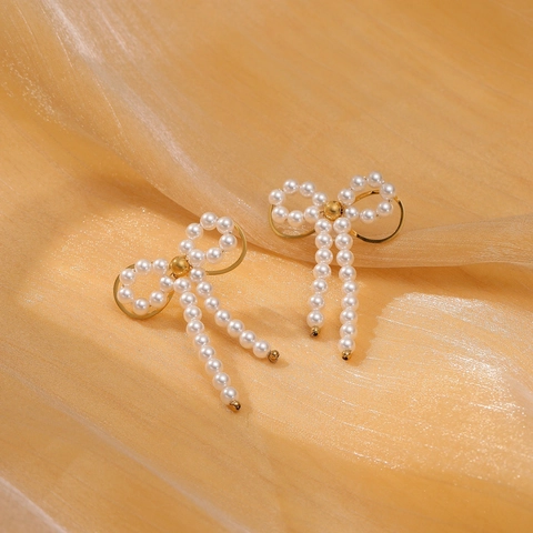 Vintage Gold Stainless Steel Bow Knot Stud Earrings With Artificial Pearl Elegant Heart Jewelry For Women Wedding Party Gift