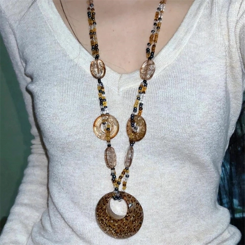 Long Beaded Necklace With Large Resin Leopard Print Pendant Bohemian Vintage Ethnic Style Layered Sweater Chain For Women