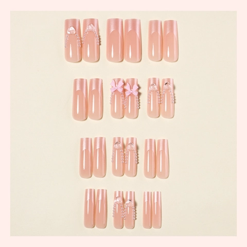 Long Square French Press On Nails Pink Artificial Pearl 3D Bow Heart Rhinestone Luxury Handmade Fake Nails Women
