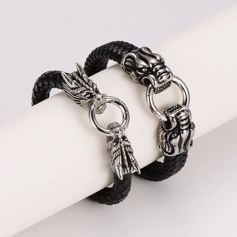 Pulsera De Cuero Trenzado Para Hombre Con Cabeza De Dragón Leopardo De Acero Inoxidable 304 Joyería Vikinga Punk Gótica