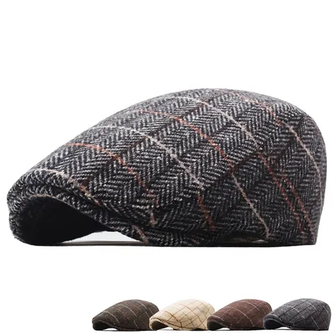 Herren Schirmmütze Wollmischung Tweed Fischgrätenmuster Britisch Retro Verstellbar Warm Winter Flat Ivy Cap Zubehör