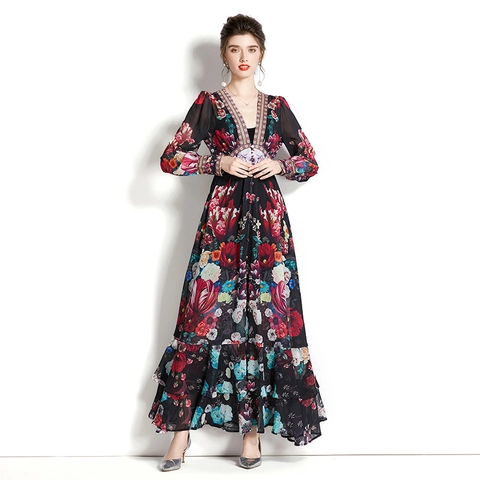 Retro Floral Print Chiffon Maxi Dress Deep V Neck Long Lantern Sleeve Flared Ruffle Hem Bohemian Elegant