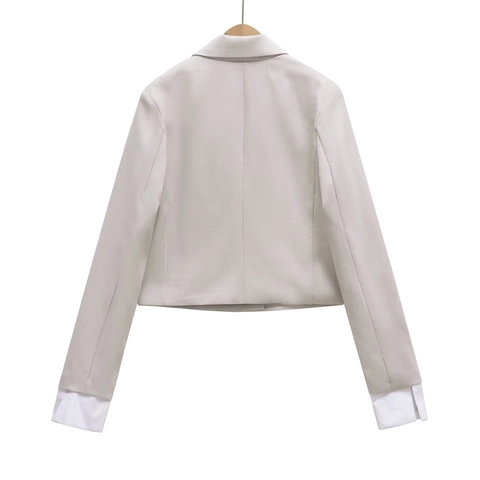 Dames Crop Double Breasted Blazer Katoen Geweven Revers Witte Contrast Manchetten Elegante Kantoor Dames Jasje