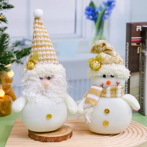 Gnomes De Noël Poupées En Peluche Bonhomme De Neige Chapeau Tricoté Or Blanc Base En Bois Décoration De Table De Fête