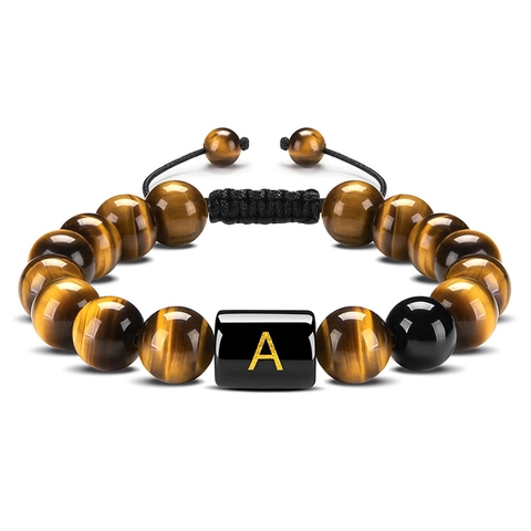Tiger Eye Black Agate Beaded Bracelet Gold Initial Letter Adjustable Woven Rope Jewelry For Women Men Unisex
