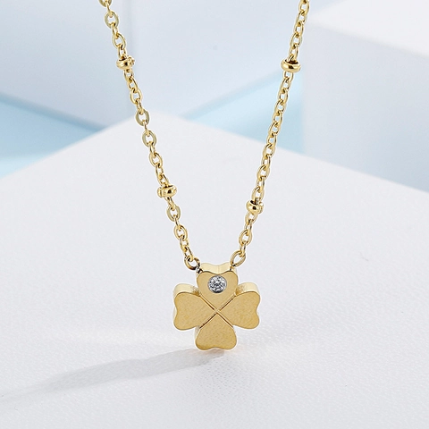 Four Leaf Clover Pendant Necklace Stainless Steel Beaded Chain With Zirconia For Women Elegant Jewelry Gift
