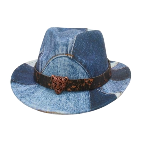 Cappello Fedora Bambini Denim Patchwork Misto Cotone Fibbia Testa Leopardo Fascia Pelle Retro Western Vintage Bambini
