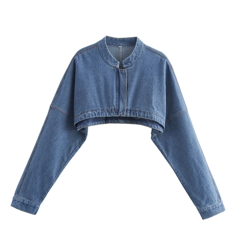 Dames Cropped Denim Jas Ronde Hals Lange Mouwen Verlaagde Schouders Vintage Wassing Shrug Bolero