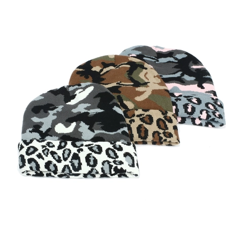 Berretto Maglia Acrilico Jacquard Camouflage Stampa Leopardata Caldo Inverno Risvolto Per Uomini Donne