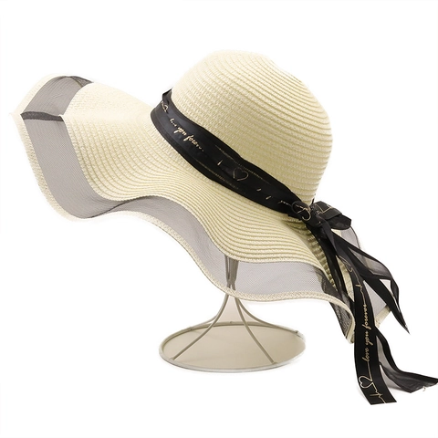 Women Wide Brim Straw Hat With Mesh Wavy Edge Beach Sun Protection Ribbon Bow Letter Print Vacation Elegant Headwear