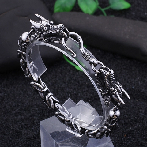 Men Double Dragon Head Bracelet Stainless Steel Retro Byzantine Chain Punk Rock Gothic Biker Jewelry