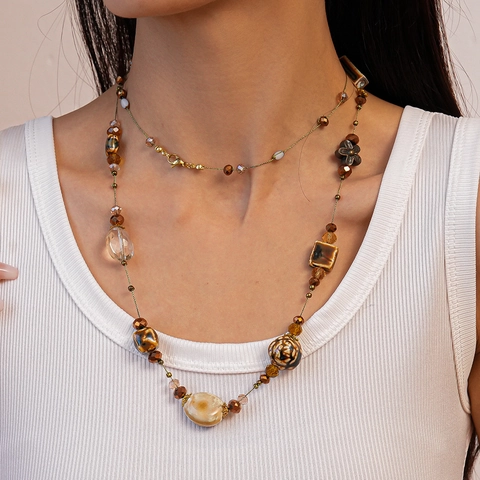 Vintage Perlenkette Keramik Glas Legierung Perlen Schmetterling Anhänger Lange Kette Retro Stil Schmuck Für Damen