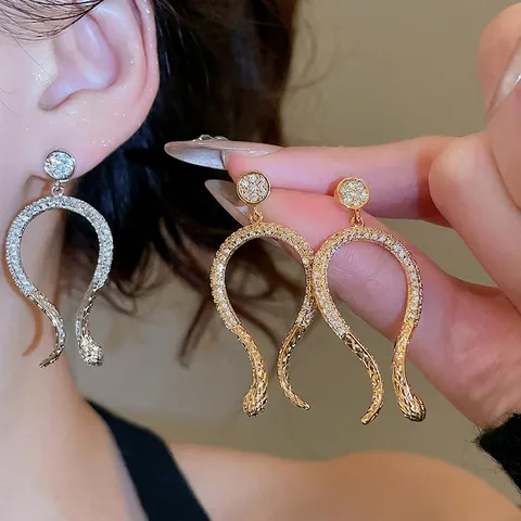 Snake Stud Earrings Copper Zircon 14k Gold Plated Curved Animal Style With 925 Sterling Silver Earring Post For Women