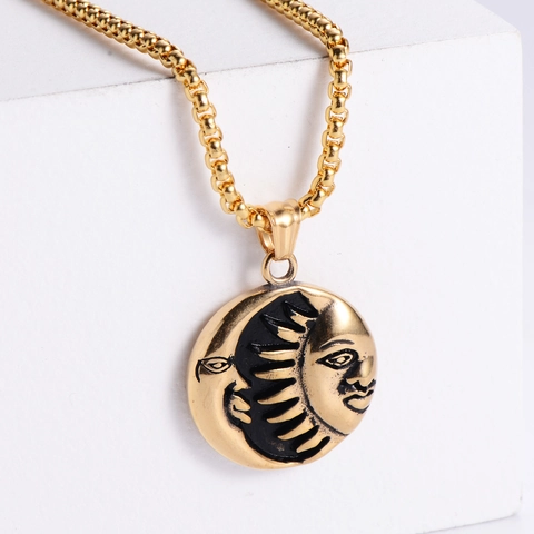 Collar Colgante Sol Luna Acero Inoxidable 316L Relieve Rostro Redondo Retro Punk Gótico Joyería Unisex
