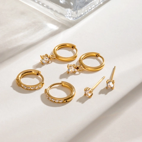 Juego de 3 Pares de Pendientes de Acero Inoxidable para Mujer Chapados en Oro Circonia Pendientes de Aro Pave Pendientes de Botón
