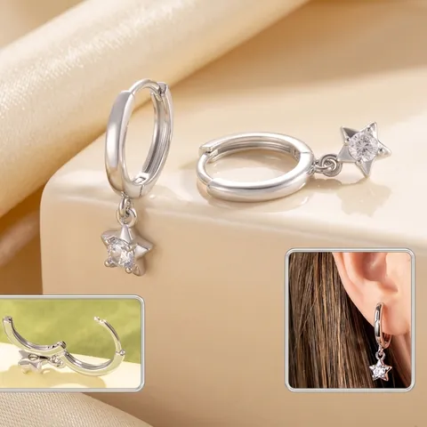 Star Pendant Hoop Earrings Copper Cubic Zirconia Inlaid Sweet Style Silver Color Fashion Jewelry For Women Girls