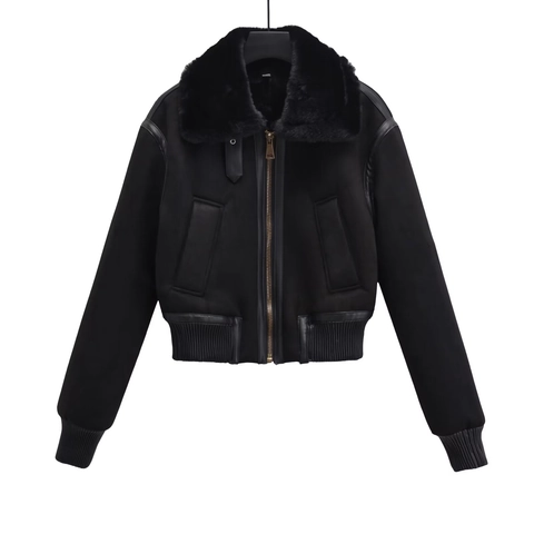 Women Faux Suede Aviator Jacket With Faux Fur Collar Shearling Lined Zip Up Streetwear Winter Outerwear Coat