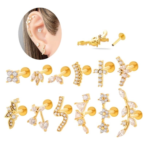 Internal Thread Labret Studs Stainless Steel Post Zircon Copper Ear Cartilage Piercing Cherry Cross Flower Leaf Women
