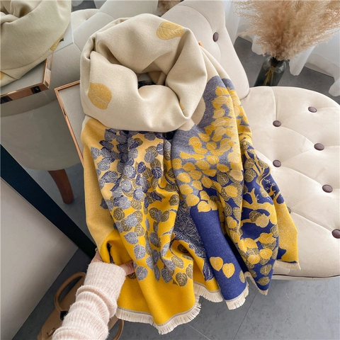 Bufanda con Estampado de Hojas para Mujer Chal de Imitación de Cachemira Suave y Cálido para Invierno Envoltura Gruesa con Borlas