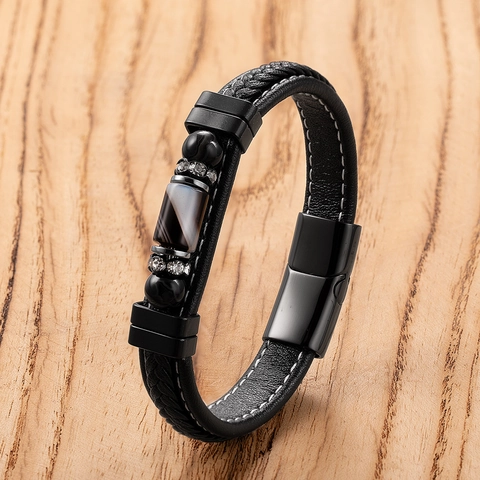 Herren Geflochtenes Lederarmband Mit Naturstein Achat Tigerauge Edelstahl Magnetverschluss Vintage Handgefertigt