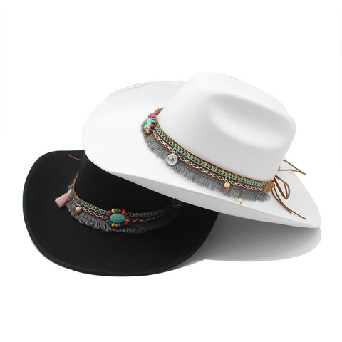 Western Cowboy Hat Felt Wide Brim Bohemian Ethnic Woven Band Turquoise Beads Tassels Retro Jazz Fedora Style