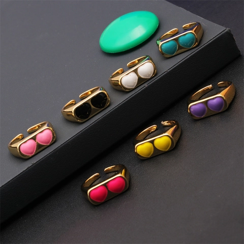 Bague Ouverte Émail Double Cœur Cuivre Plqué Or 18K Ajustable Bijoux Colorés Tendances Cadeau Femmes Filles