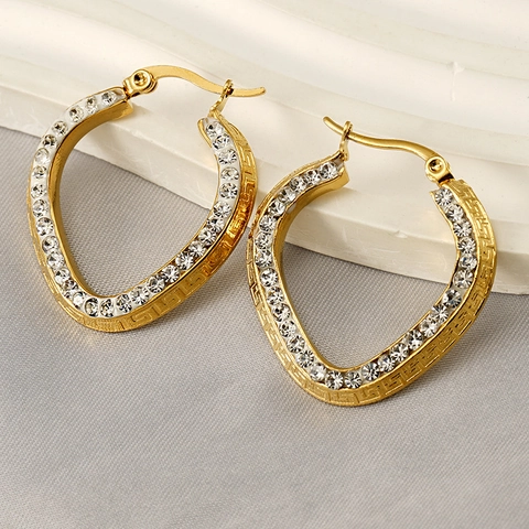 Herz-Creolen Gold Vergoldet Edelstahl Mit Strass Und Griechischem Muster Vintage Luxus Stil Für Frauen