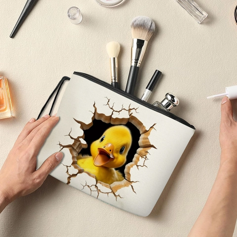 Borsa Trucco Con Stampa Papera Gialla Tridimensionale Lino Fine Pochette Da Viaggio Portatile Con Cerniera E Cinturino Polso