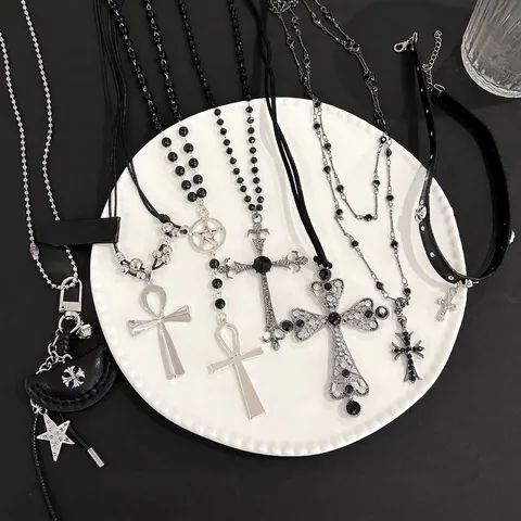 Gothic Cross Pendant Necklace Alloy Multi Layered Rhinestone Y2K Punk Aesthetic Jewelry For Women
