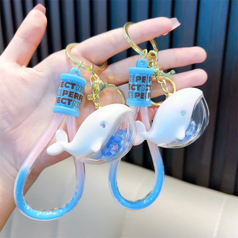 Cute Whale Dolphin Liquid Quicksand Keychain Gradient Star Sequins Bag Pendant Cartoon Floating Animal Keychain Charm Gift