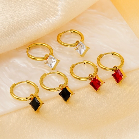 Colorful Square Zircon Hoop Earrings Stainless Steel 18K Gold Plated Geometric Elegant Jewelry For Women