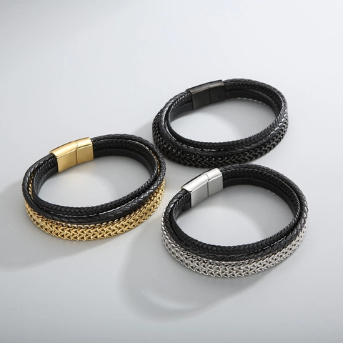 Men Multilayer Bracelet Stainless Steel Chain Braided Genuine Leather Strap Magnetic Clasp Punk Fashion Wristband