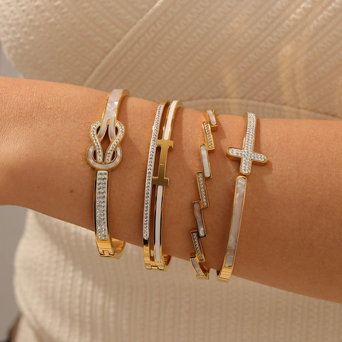 Brazalete De Acero Inoxidable Chapado En Oro De 18K Con Circonitas Incrustación De Concha Cruz Geométrica Nudo Para Mujer