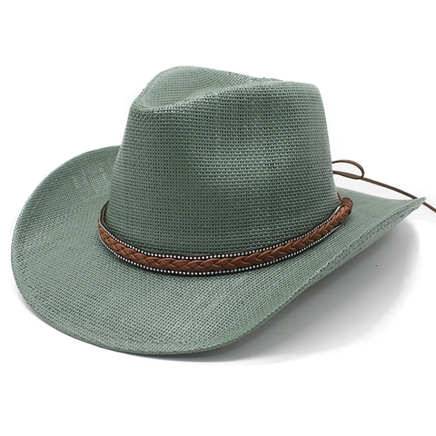 Chapeau De Cow-Boy Paille De Papier Bande De Cuir Tissée Rivet Large Bord Protection Solaire Western Plage Unisexe