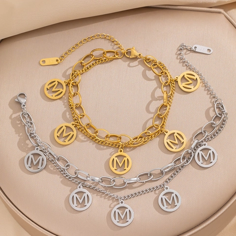 Double Layer Chain Bracelet Stainless Steel Letter M Pendant 18K Gold Plated Fashion Jewelry Accessories For Women
