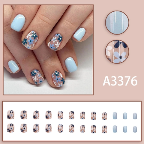 Press On Nails Short Square Blue Retro Floral Pattern False Nails Glossy Manicure For Women Daily Wear