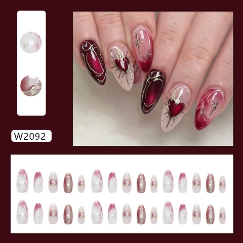 3D Cat Eye Press On Nagels Metalen Lijnen Hart Ster Amandelvorm Afneembare Kunstnagels Voor Vrouwen