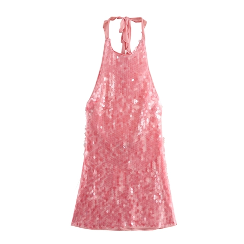 Sequin Halter Dress Pink Backless Sleeveless Mesh Evening Party Mini Sexy Elegant For Women