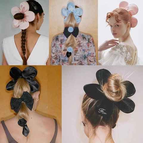 Coleteros De Flores Extragrandes Tela De Satén Elásticos Para El Cabello Soporte Para Cola De Cavallo Para Mujeres