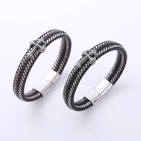 Bracciale In Pelle Intrecciata Da Uomo Con Ciondolo A Croce In Acciaio Inossidabile 316L Gioielli Punk Retro Fibbia Magnetica