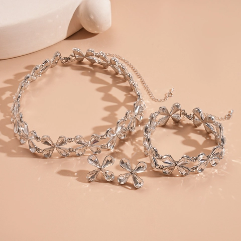 Gioielli Fiore Irregolare Lega Vetro Collana Bracciale Orecchini Con Perno In Argento Elegante Retrò Per Donne