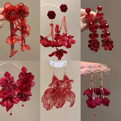 Chinese Style Red Spray Painted Koi Fish Earrings New Chinese Retro Versatile Ear Hooks Light Luxury Drop Earrings For Women