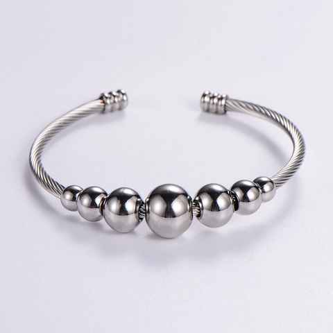 Brazalete Abierto Ajustable Acero Inoxidable 316L Cable Retorcido Cuentas Simétricas Pulidas Joyería Moda Minimalista