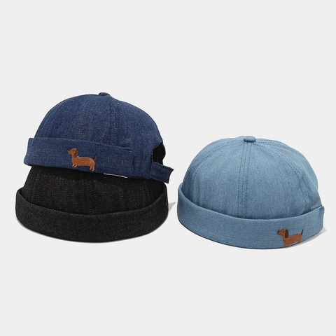 Teckel Borduurwerk Denim Docker Hoed Retro Randloze Verstelbare Miki Pet Casual Matrozenmuts Voor Heren Dames