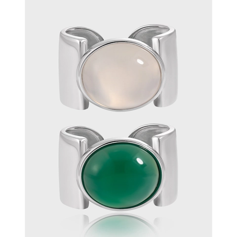 925 Sterling Silver Wide Band Ring Inlaid Oval Chalcedony Agate Open Adjustable Elegant Jewelry For Women