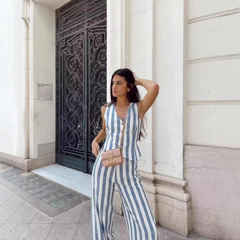 Striped Vest And Wide Leg Pants Striped V Neck Sleeveless Top Trousers Polyester Casual Vacation Style Women